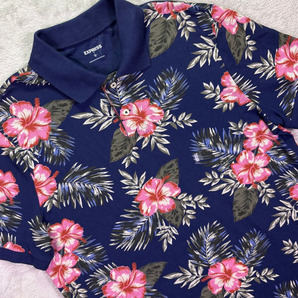 Express Mens Polo Large Navy Blue Floral Hibiscus Palm Print Pique Short Sleeve